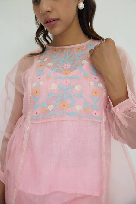 Ayaka Pink Silk Organza Hand Embroidery Flower Top Round Yoke at Aza Fashions Ayaka_Pink Silk Organza Hand Embroidery Flower Top Round Yoke _at_Aza_Fashions