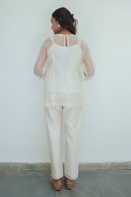 Shop Ayaka Off White Silk Organza Hand Embroidery Flower Top Round Yoke Sheer at Aza Fashions Shop_Ayaka_Off White Silk Organza Hand Embroidery Flower Top Round Yoke Sheer _at_Aza_Fashions