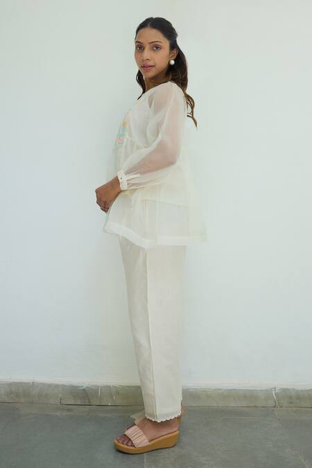 Ayaka Off White Silk Organza Hand Embroidery Flower Top Round Yoke Sheer Online at Aza Fashions Ayaka_Off White Silk Organza Hand Embroidery Flower Top Round Yoke Sheer _Online_at_Aza_Fashions