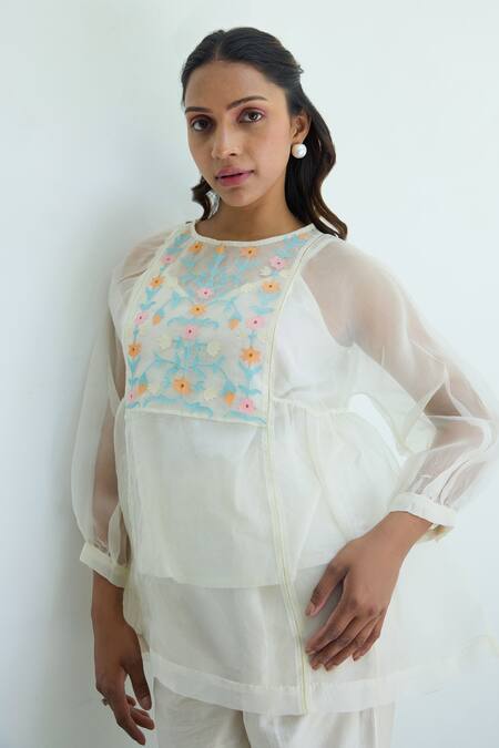 Buy Ayaka Off White Silk Organza Hand Embroidery Flower Top Round Yoke Sheer Online at Aza Fashions Buy_Ayaka_Off White Silk Organza Hand Embroidery Flower Top Round Yoke Sheer _Online_at_Aza_Fashions