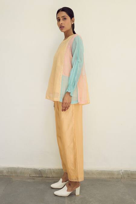 Ayaka Multi Color Chanderi Hand Embroidery Floral Top Round Cutwork Sheer Online at Aza Fashions Ayaka_Multi Color Chanderi Hand Embroidery Floral Top Round Cutwork Sheer _Online_at_Aza_Fashions