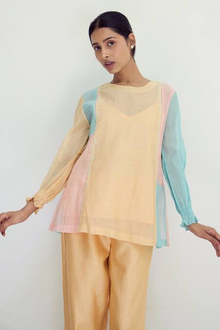 Buy Ayaka Multi Color Chanderi Hand Embroidery Floral Top Round Cutwork Sheer Online at Aza Fashions Buy_Ayaka_Multi Color Chanderi Hand Embroidery Floral Top Round Cutwork Sheer _Online_at_Aza_Fashions