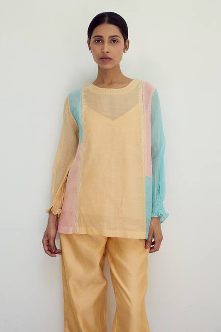 Shop Ayaka Multi Color Chanderi Hand Embroidery Floral Top Round Cutwork Sheer Online at Aza Fashions Shop_Ayaka_Multi Color Chanderi Hand Embroidery Floral Top Round Cutwork Sheer _Online_at_Aza_Fashions