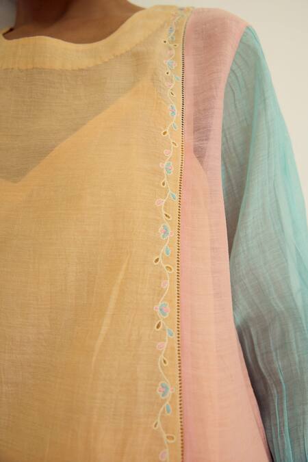 Ayaka Multi Color Chanderi Hand Embroidery Floral Top Round Cutwork Sheer at Aza Fashions Ayaka_Multi Color Chanderi Hand Embroidery Floral Top Round Cutwork Sheer _at_Aza_Fashions