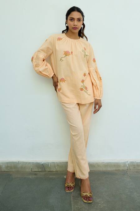 Buy Ayaka Peach Cotton Hand Embroidery Floral Round Top Online at Aza Fashions Buy_Ayaka_Peach Cotton Hand Embroidery Floral Round Top _Online_at_Aza_Fashions