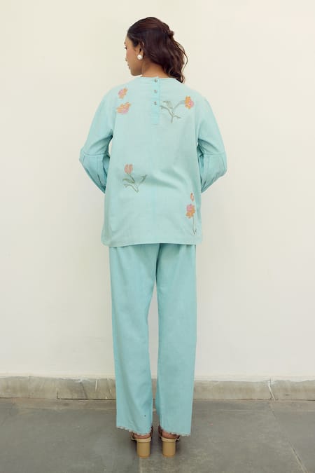 Shop Ayaka Blue Cotton Hand Embroidery Floral Round Top at Aza Fashions Shop_Ayaka_Blue Cotton Hand Embroidery Floral Round Top _at_Aza_Fashions