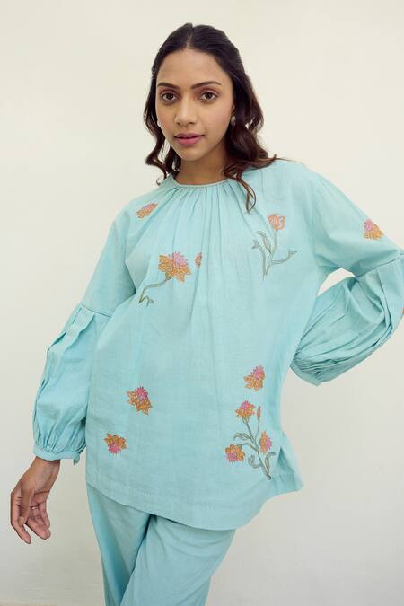 Ayaka Blue Cotton Hand Embroidery Floral Round Top Online at Aza Fashions Ayaka_Blue Cotton Hand Embroidery Floral Round Top _Online_at_Aza_Fashions