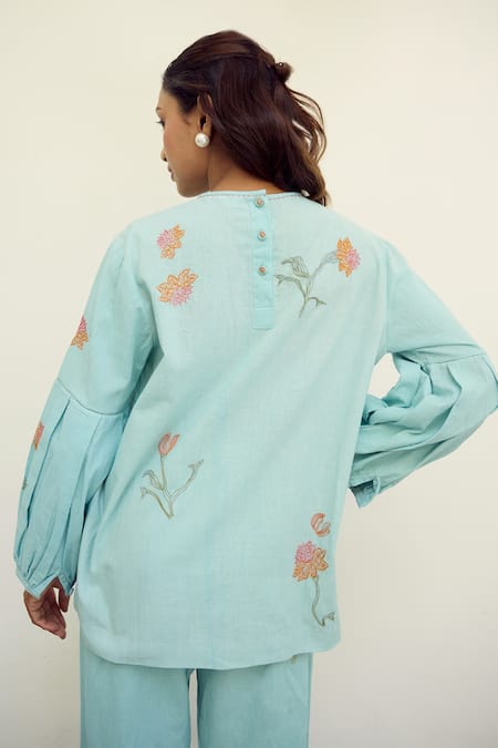 Shop Ayaka Blue Cotton Hand Embroidery Floral Round Top Online at Aza Fashions Shop_Ayaka_Blue Cotton Hand Embroidery Floral Round Top _Online_at_Aza_Fashions