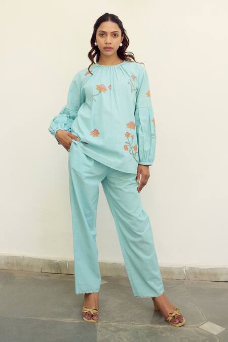 Ayaka Blue Cotton Hand Embroidery Floral Round Top at Aza Fashions Ayaka_Blue Cotton Hand Embroidery Floral Round Top _at_Aza_Fashions