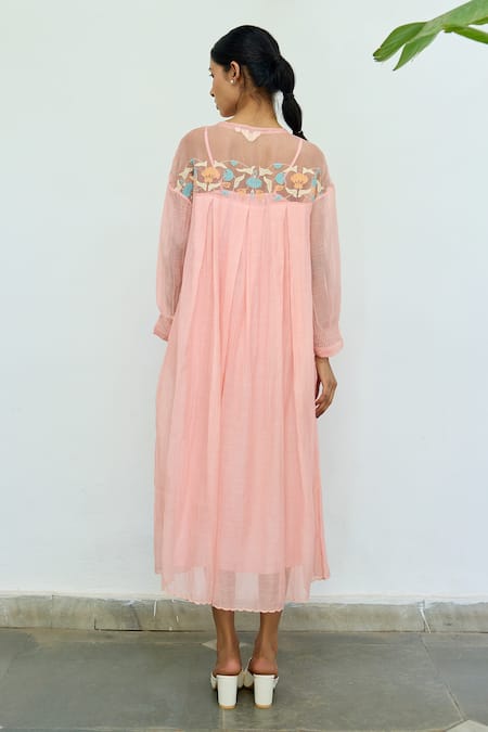 Shop Ayaka Pink Silk Organza Hand Embroidery Floral Top Round Dress at Aza Fashions Shop_Ayaka_Pink Silk Organza Hand Embroidery Floral Top Round Dress _at_Aza_Fashions