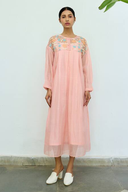 Ayaka Pink Silk Organza Hand Embroidery Floral Top Round Dress Online at Aza Fashions Ayaka_Pink Silk Organza Hand Embroidery Floral Top Round Dress _Online_at_Aza_Fashions