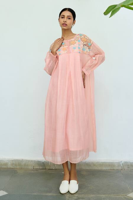 Buy Ayaka Pink Silk Organza Hand Embroidery Floral Top Round Dress Online at Aza Fashions Buy_Ayaka_Pink Silk Organza Hand Embroidery Floral Top Round Dress _Online_at_Aza_Fashions
