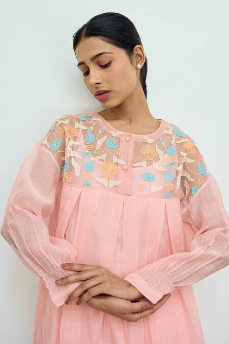 Ayaka Pink Silk Organza Hand Embroidery Floral Top Round Dress at Aza Fashions Ayaka_Pink Silk Organza Hand Embroidery Floral Top Round Dress _at_Aza_Fashions
