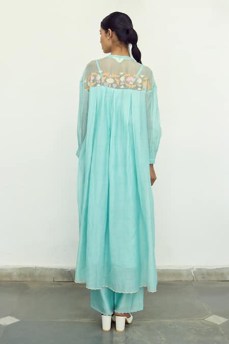 Shop Ayaka Blue Silk Organza Hand Embroidery Floral Top Round Box Pleat Dress at Aza Fashions Shop_Ayaka_Blue Silk Organza Hand Embroidery Floral Top Round Box Pleat Dress _at_Aza_Fashions