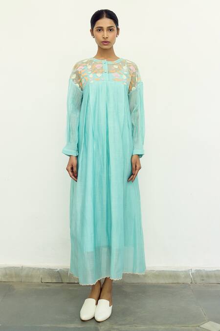 Ayaka Blue Silk Organza Hand Embroidery Floral Top Round Box Pleat Dress Online at Aza Fashions Ayaka_Blue Silk Organza Hand Embroidery Floral Top Round Box Pleat Dress _Online_at_Aza_Fashions