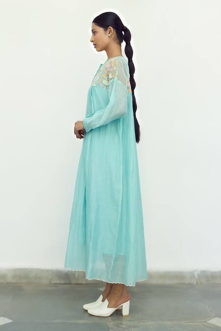 Buy Ayaka Blue Silk Organza Hand Embroidery Floral Top Round Box Pleat Dress Online at Aza Fashions Buy_Ayaka_Blue Silk Organza Hand Embroidery Floral Top Round Box Pleat Dress _Online_at_Aza_Fashions