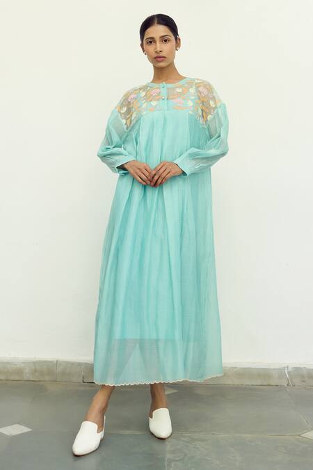Shop Ayaka Blue Silk Organza Hand Embroidery Floral Top Round Box Pleat Dress Online at Aza Fashions Shop_Ayaka_Blue Silk Organza Hand Embroidery Floral Top Round Box Pleat Dress _Online_at_Aza_Fashions
