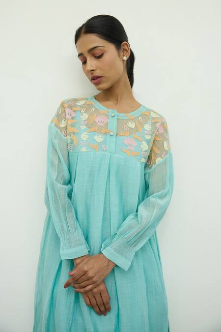 Ayaka Blue Silk Organza Hand Embroidery Floral Top Round Box Pleat Dress at Aza Fashions Ayaka_Blue Silk Organza Hand Embroidery Floral Top Round Box Pleat Dress _at_Aza_Fashions