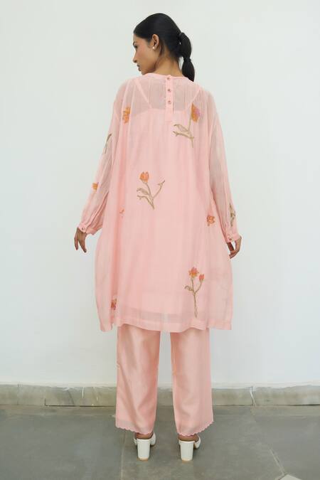 Shop Ayaka Pink Mul Chanderi Hand Embroidery Flower Top Round Tunic Dress at Aza Fashions Shop_Ayaka_Pink Mul Chanderi Hand Embroidery Flower Top Round Tunic Dress _at_Aza_Fashions