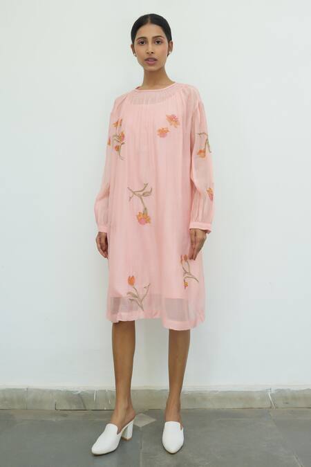 Ayaka Pink Mul Chanderi Hand Embroidery Flower Top Round Tunic Dress Online at Aza Fashions Ayaka_Pink Mul Chanderi Hand Embroidery Flower Top Round Tunic Dress _Online_at_Aza_Fashions