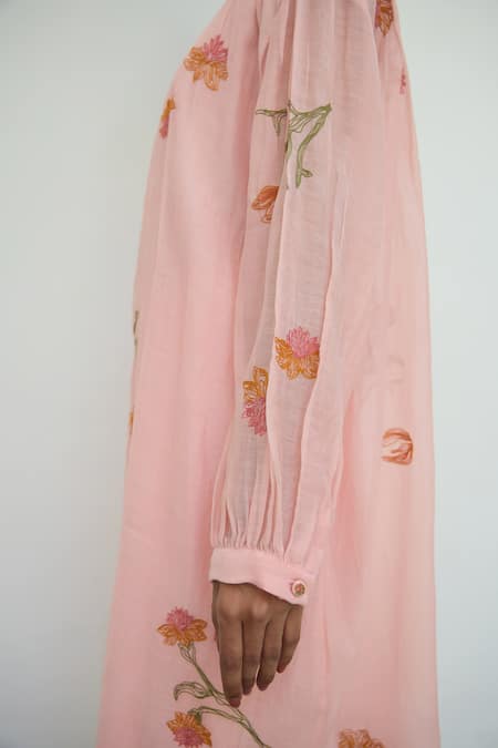 Buy Ayaka Pink Mul Chanderi Hand Embroidery Flower Top Round Tunic Dress Online at Aza Fashions Buy_Ayaka_Pink Mul Chanderi Hand Embroidery Flower Top Round Tunic Dress _Online_at_Aza_Fashions