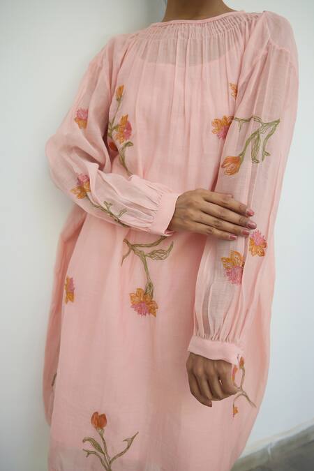 Shop Ayaka Pink Mul Chanderi Hand Embroidery Flower Top Round Tunic Dress Online at Aza Fashions Shop_Ayaka_Pink Mul Chanderi Hand Embroidery Flower Top Round Tunic Dress _Online_at_Aza_Fashions