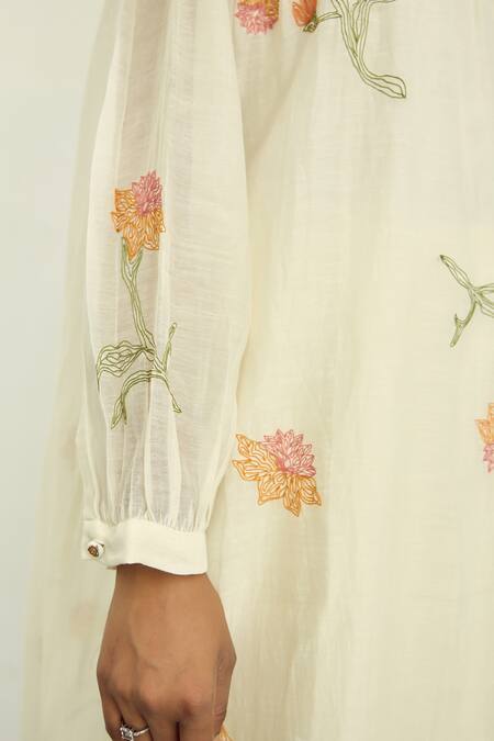 Shop Ayaka Off White Mul Chanderi Hand Embroidery Flower Top Round Tunic Dress Online at Aza Fashions Shop_Ayaka_Off White Mul Chanderi Hand Embroidery Flower Top Round Tunic Dress _Online_at_Aza_Fashions