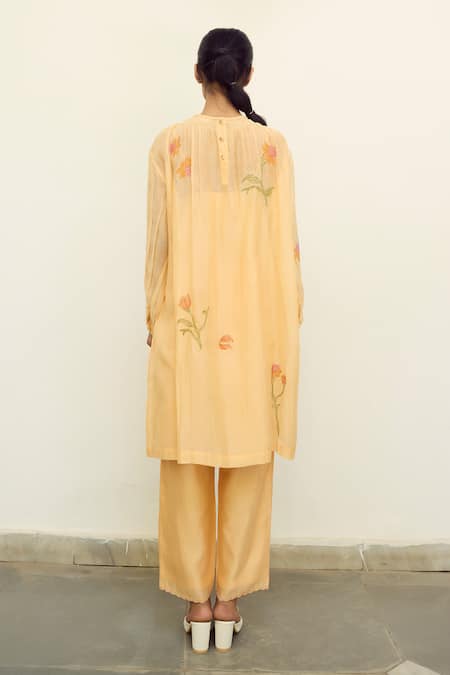 Shop Ayaka Peach Mul Chanderi Hand Embroidery Flower Top Round Tunic Midi Dress at Aza Fashions Shop_Ayaka_Peach Mul Chanderi Hand Embroidery Flower Top Round Tunic Midi Dress _at_Aza_Fashions