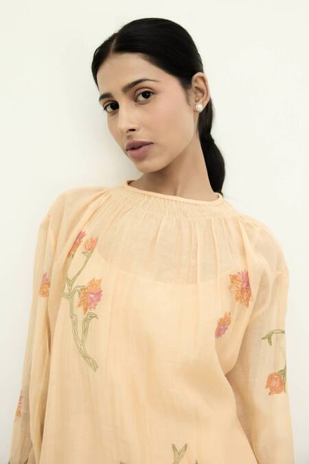 Ayaka Peach Mul Chanderi Hand Embroidery Flower Top Round Tunic Midi Dress at Aza Fashions Ayaka_Peach Mul Chanderi Hand Embroidery Flower Top Round Tunic Midi Dress _at_Aza_Fashions