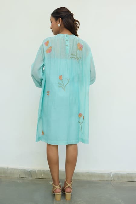 Shop Ayaka Blue Mul Chanderi Hand Embroidery Flower Top Round Tunic Midi Dress at Aza Fashions Shop_Ayaka_Blue Mul Chanderi Hand Embroidery Flower Top Round Tunic Midi Dress _at_Aza_Fashions