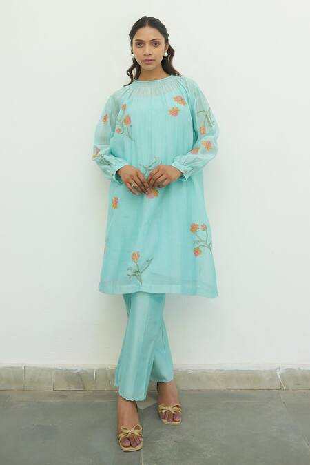 Ayaka Blue Mul Chanderi Hand Embroidery Flower Top Round Tunic Midi Dress Online at Aza Fashions Ayaka_Blue Mul Chanderi Hand Embroidery Flower Top Round Tunic Midi Dress _Online_at_Aza_Fashions