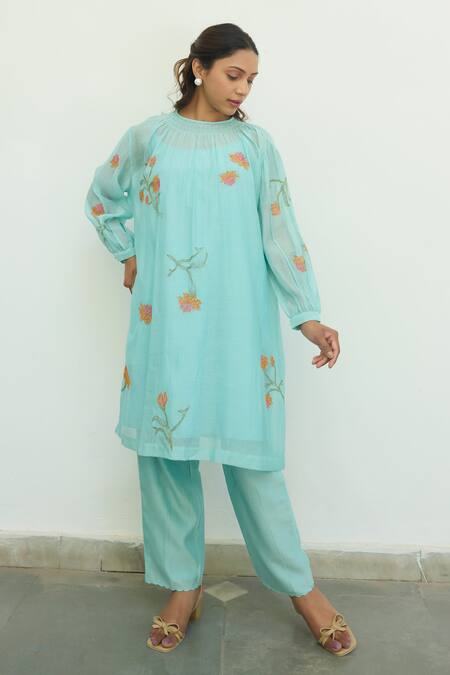 Buy Ayaka Blue Mul Chanderi Hand Embroidery Flower Top Round Tunic Midi Dress Online at Aza Fashions Buy_Ayaka_Blue Mul Chanderi Hand Embroidery Flower Top Round Tunic Midi Dress _Online_at_Aza_Fashions