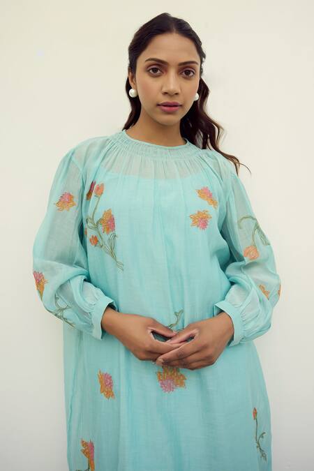 Shop Ayaka Blue Mul Chanderi Hand Embroidery Flower Top Round Tunic Midi Dress Online at Aza Fashions Shop_Ayaka_Blue Mul Chanderi Hand Embroidery Flower Top Round Tunic Midi Dress _Online_at_Aza_Fashions