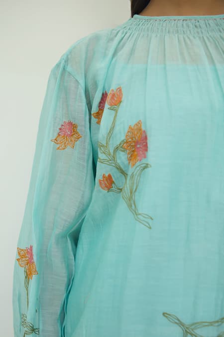 Ayaka Blue Mul Chanderi Hand Embroidery Flower Top Round Tunic Midi Dress at Aza Fashions Ayaka_Blue Mul Chanderi Hand Embroidery Flower Top Round Tunic Midi Dress _at_Aza_Fashions