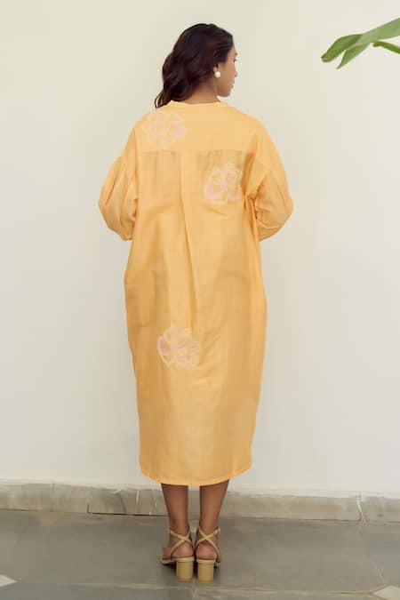 Shop Ayaka Orange Chanderi Hand Embroidery Floral Collar Drop Shoulder Tunic Dress at Aza Fashions Shop_Ayaka_Orange Chanderi Hand Embroidery Floral Collar Drop Shoulder Tunic Dress _at_Aza_Fashions