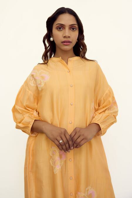 Ayaka Orange Chanderi Hand Embroidery Floral Collar Drop Shoulder Tunic Dress Online at Aza Fashions Ayaka_Orange Chanderi Hand Embroidery Floral Collar Drop Shoulder Tunic Dress _Online_at_Aza_Fashions