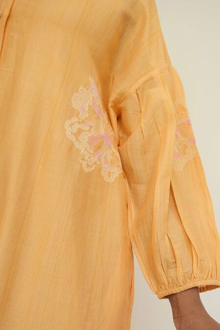 Buy Ayaka Orange Chanderi Hand Embroidery Floral Collar Drop Shoulder Tunic Dress Online at Aza Fashions Buy_Ayaka_Orange Chanderi Hand Embroidery Floral Collar Drop Shoulder Tunic Dress _Online_at_Aza_Fashions