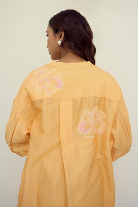 Shop Ayaka Orange Chanderi Hand Embroidery Floral Collar Drop Shoulder Tunic Dress Online at Aza Fashions Shop_Ayaka_Orange Chanderi Hand Embroidery Floral Collar Drop Shoulder Tunic Dress _Online_at_Aza_Fashions