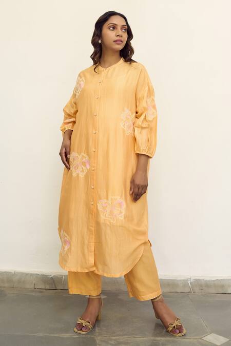 Ayaka Orange Chanderi Hand Embroidery Floral Collar Drop Shoulder Tunic Dress at Aza Fashions Ayaka_Orange Chanderi Hand Embroidery Floral Collar Drop Shoulder Tunic Dress _at_Aza_Fashions
