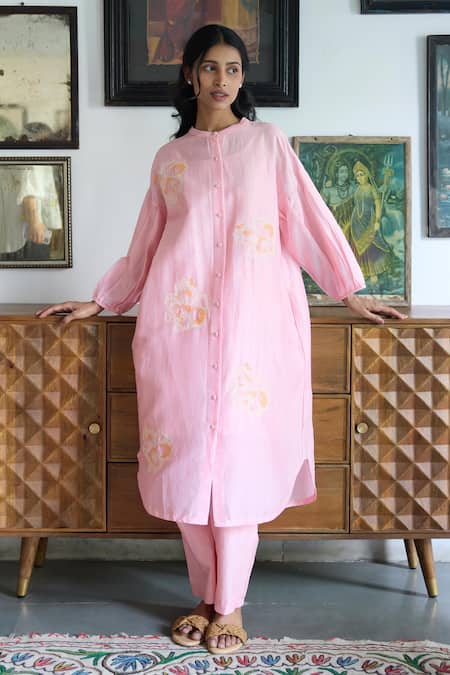 Ayaka Pink Chanderi Hand Embroidery Floral Collar Drop Shoulder Tunic Dress