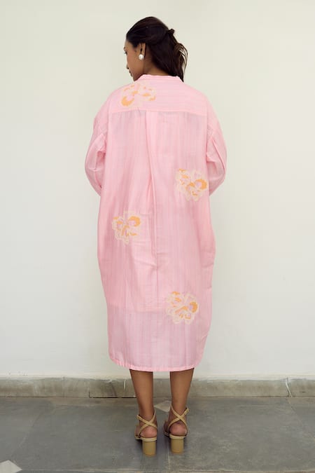 Shop_Ayaka_Pink Chanderi Hand Embroidery Floral Collar Drop Shoulder Tunic Dress _at_Aza_Fashions