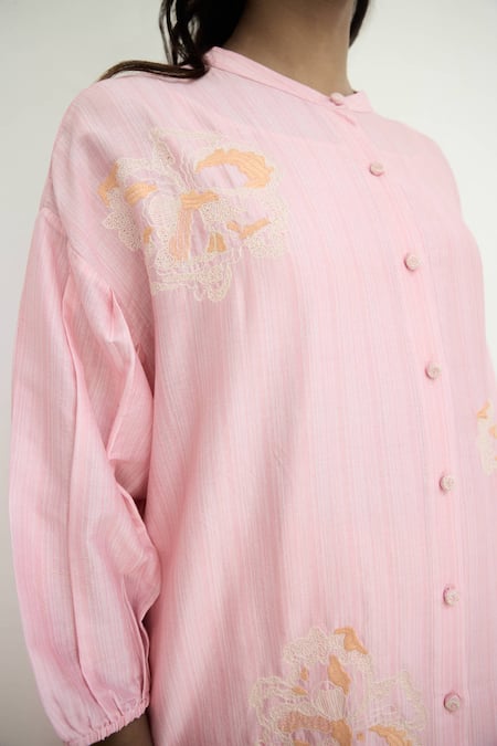 Ayaka_Pink Chanderi Hand Embroidery Floral Collar Drop Shoulder Tunic Dress _Online_at_Aza_Fashions