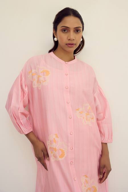 Buy_Ayaka_Pink Chanderi Hand Embroidery Floral Collar Drop Shoulder Tunic Dress _Online_at_Aza_Fashions