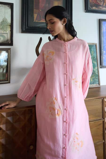 Shop_Ayaka_Pink Chanderi Hand Embroidery Floral Collar Drop Shoulder Tunic Dress _Online_at_Aza_Fashions