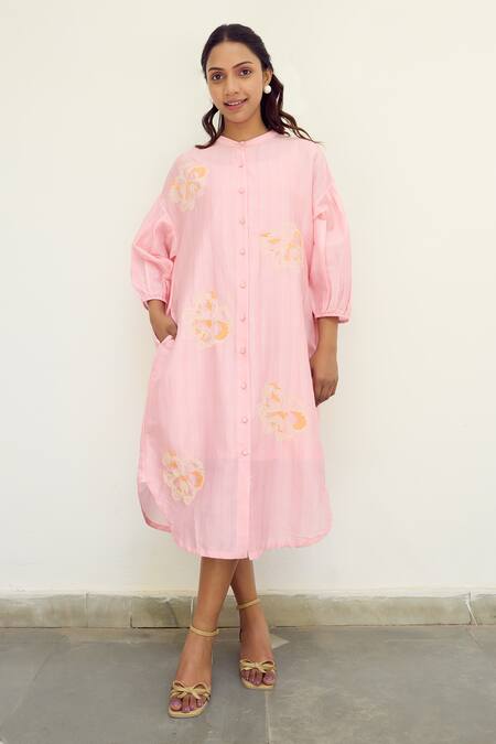 Ayaka_Pink Chanderi Hand Embroidery Floral Collar Drop Shoulder Tunic Dress _at_Aza_Fashions
