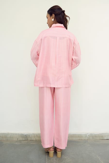 Shop Ayaka Pink Chanderi Hand Embroidery Flower Collared Smocked Detailed Shirt at Aza Fashions Shop_Ayaka_Pink Chanderi Hand Embroidery Flower Collared Smocked Detailed Shirt _at_Aza_Fashions