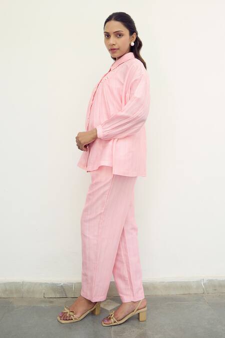 Ayaka Pink Chanderi Hand Embroidery Flower Collared Smocked Detailed Shirt Online at Aza Fashions Ayaka_Pink Chanderi Hand Embroidery Flower Collared Smocked Detailed Shirt _Online_at_Aza_Fashions