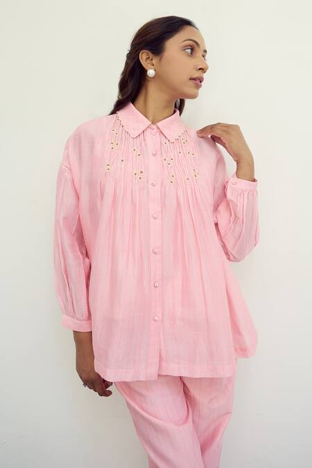 Buy Ayaka Pink Chanderi Hand Embroidery Flower Collared Smocked Detailed Shirt Online at Aza Fashions Buy_Ayaka_Pink Chanderi Hand Embroidery Flower Collared Smocked Detailed Shirt _Online_at_Aza_Fashions