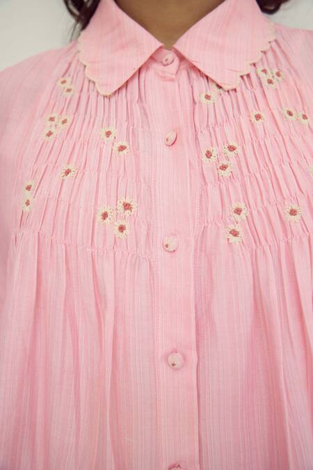 Ayaka Pink Chanderi Hand Embroidery Flower Collared Smocked Detailed Shirt at Aza Fashions Ayaka_Pink Chanderi Hand Embroidery Flower Collared Smocked Detailed Shirt _at_Aza_Fashions
