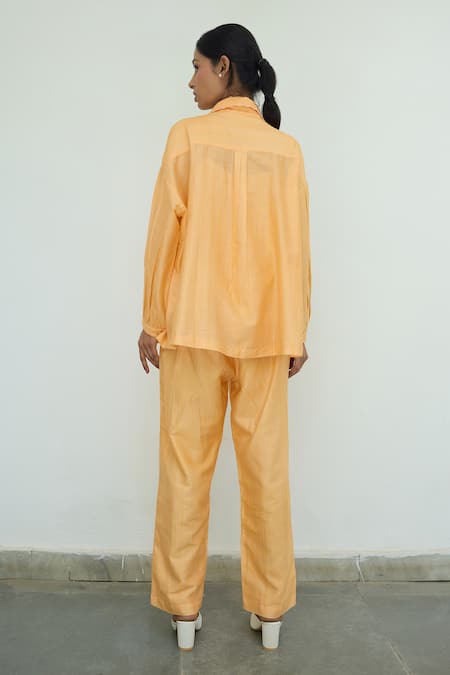 Shop Ayaka Orange Chanderi Hand Embroidery Flower Collared Floral Shirt at Aza Fashions Shop_Ayaka_Orange Chanderi Hand Embroidery Flower Collared Floral Shirt _at_Aza_Fashions